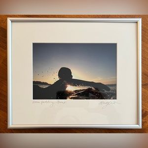 artist’s photo - silhouette of surfer paddling at sunrise - signed, custom frame